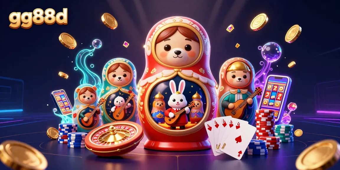 Experience thrilling entertainment at gg88d with a vibrant 3D casino scene featuring colorful characters and magic!