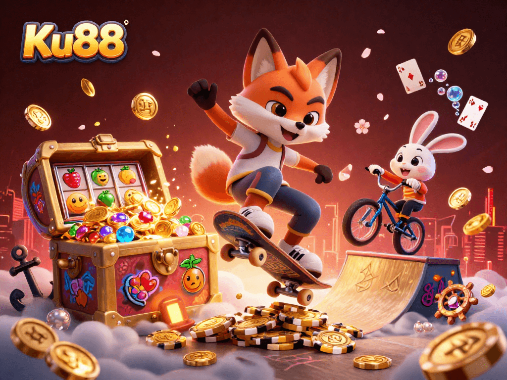 Experience thrilling gameplay with Ku88 as a fox performs stunts over golden poker chips surrounded by vibrant slot elements.