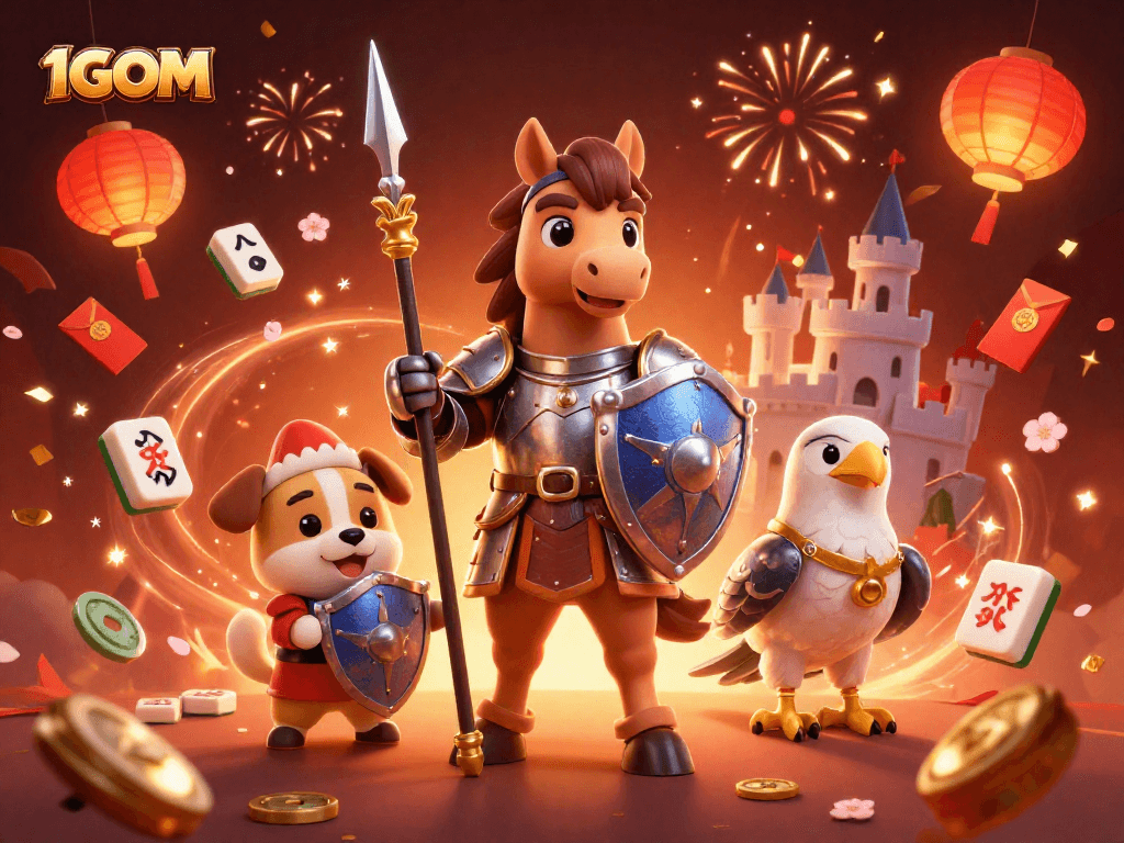 Engage with 1GOM's vibrant casino atmosphere, showcasing excitement with a knight and puppy in action.