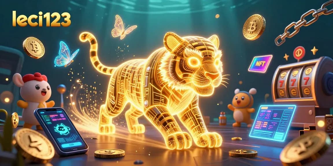 Engage with leci123 as the golden tiger navigates a vibrant digital casino, showcasing thrilling gaming elements.