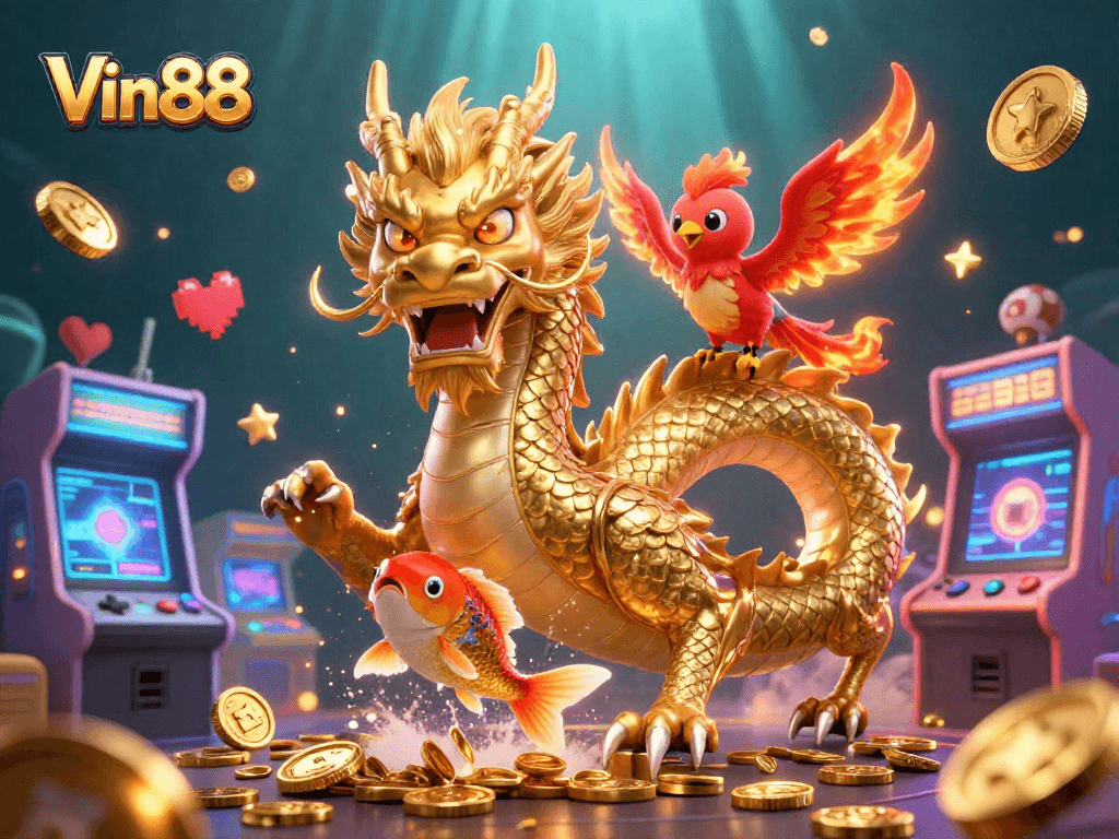 Engage with Vin88's exciting gaming world featuring a dynamic dragon, phoenix, and koi fish.
