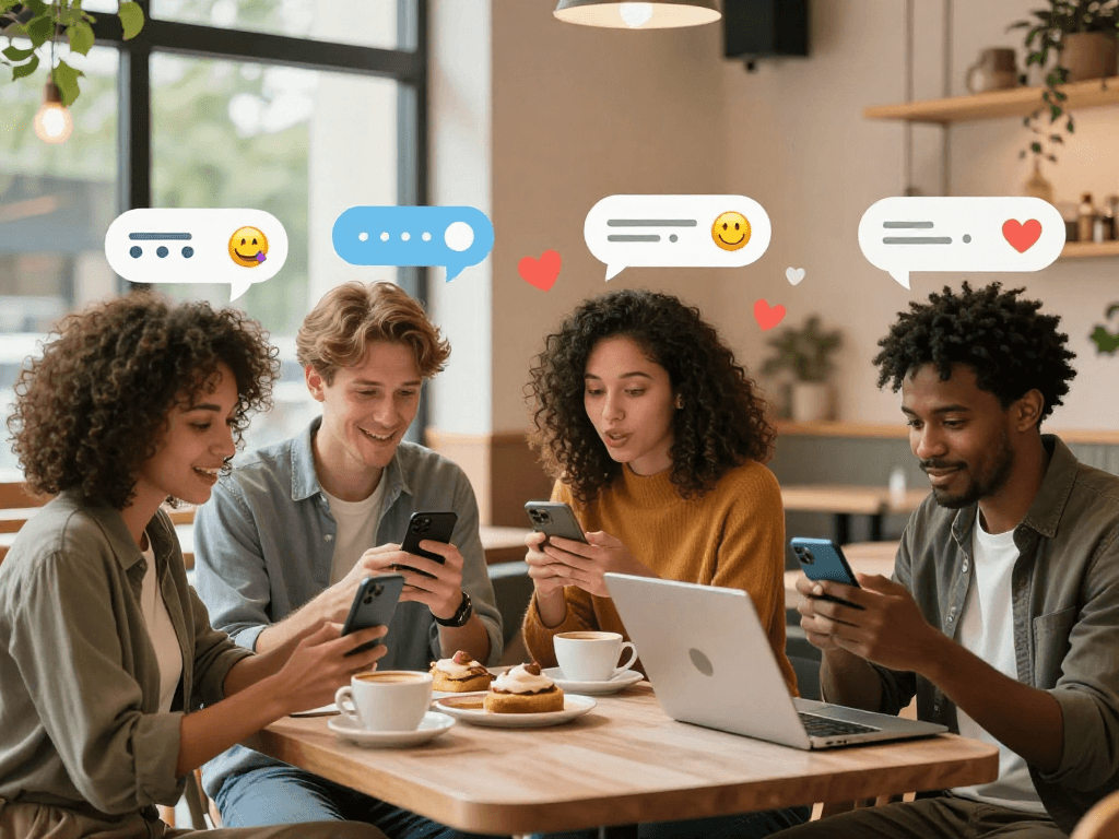 Diverse group enjoying a sex chat ai experience on devices in a cozy café setting, enhancing digital communication.