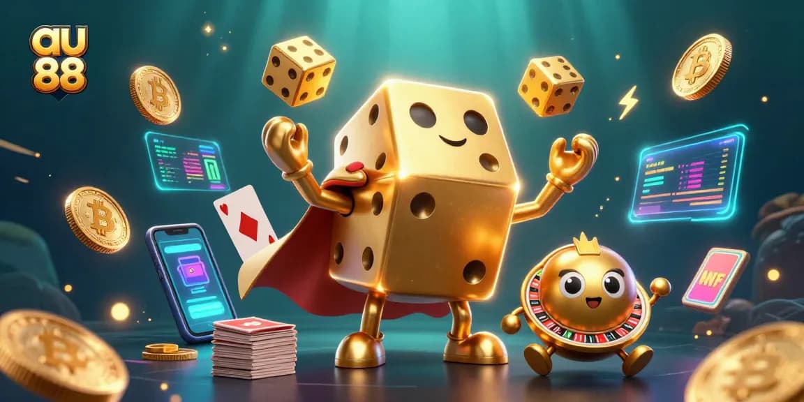 Experience the excitement of au 88 with golden dice and vibrant crypto elements in a dynamic casino scene.