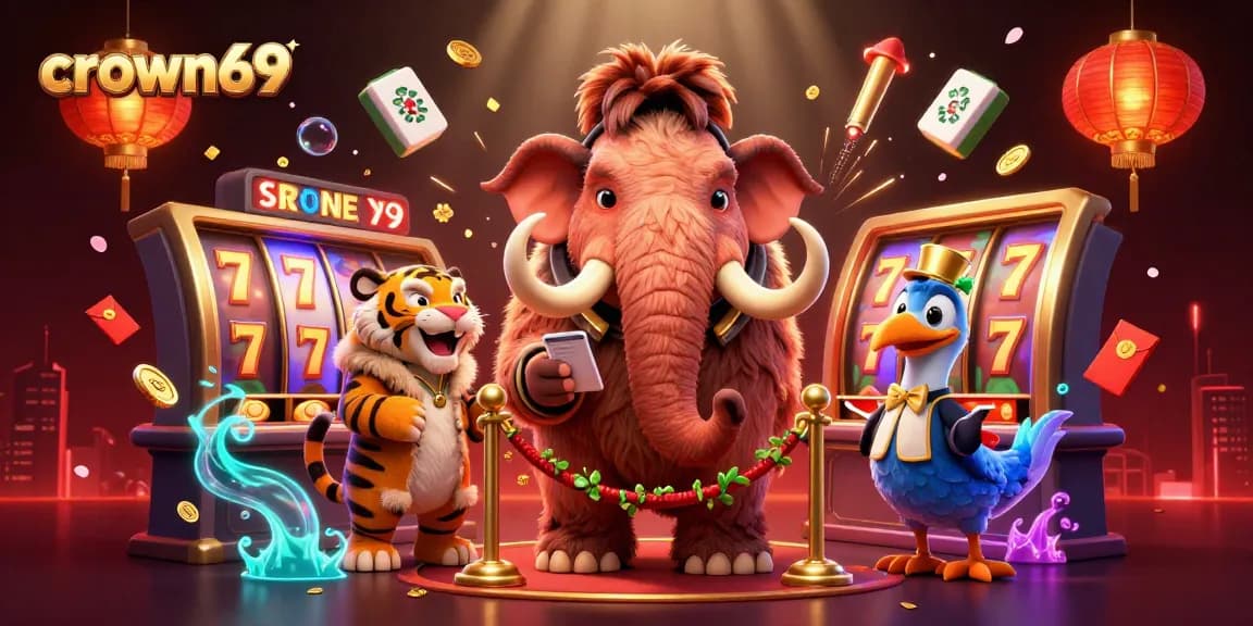 Experience the thrill of crown69 with vibrant characters and dynamic casino elements in 3D illustration.