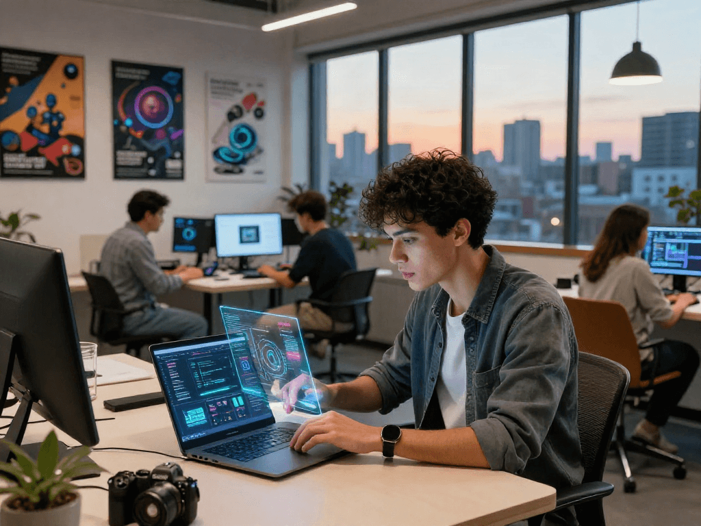 Engaged individual using 18+ ai technology in a modern workspace.
