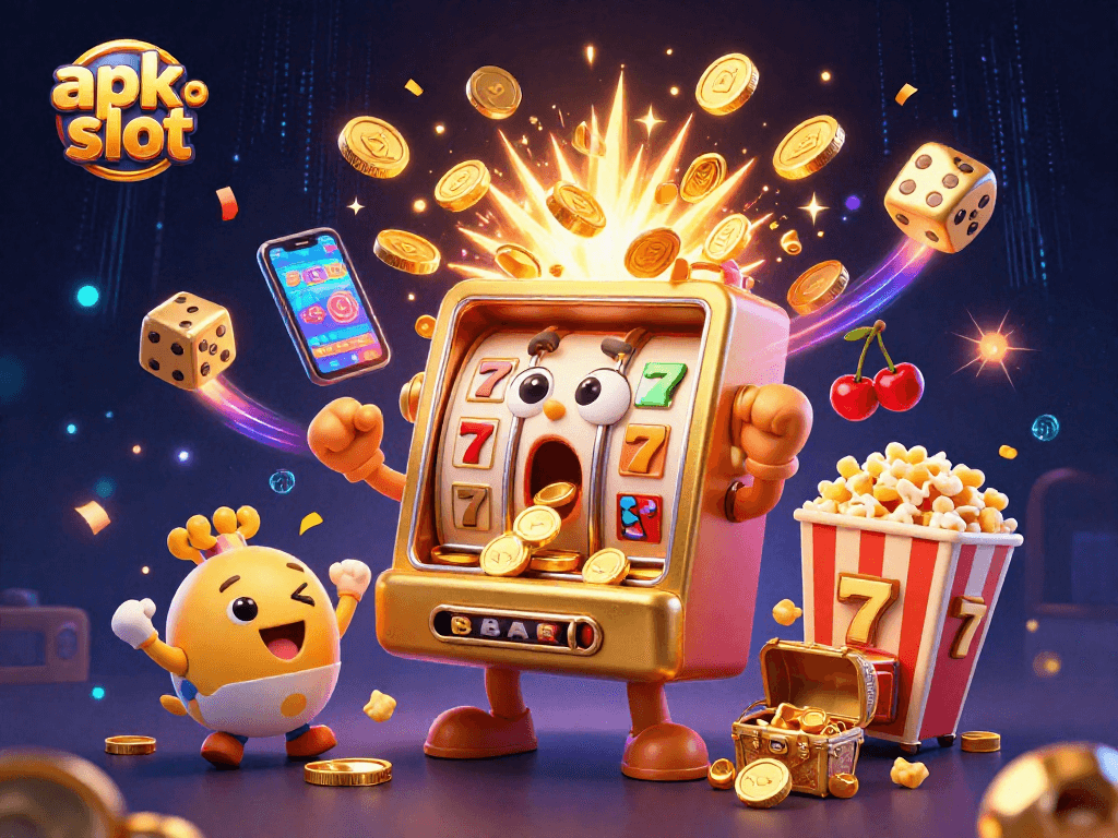 Experience exciting wins at apk slot with vibrant cartoon slot machines and a jackpot explosion.