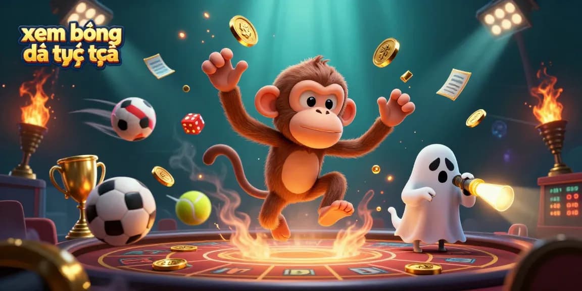 Experience xem bóng đá trực tiếp with a playful ghost monkey juggling gold while a puppy hunts in a haunted casino.