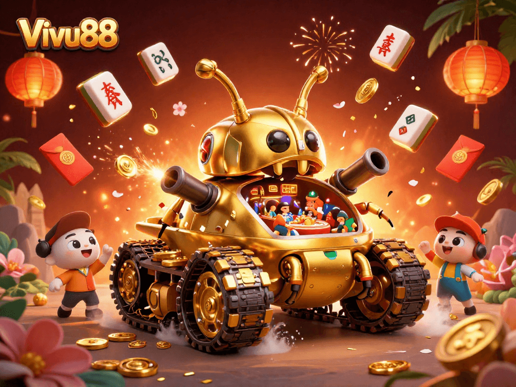 Bet on Vivu88 in this vibrant casino scene featuring a golden beetle tank with mini-games.