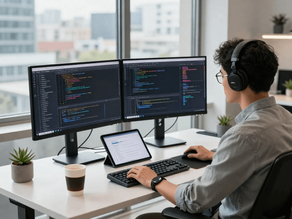Discover crushonai in a dynamic tech workspace showcasing a software developer coding in a modern office environment.