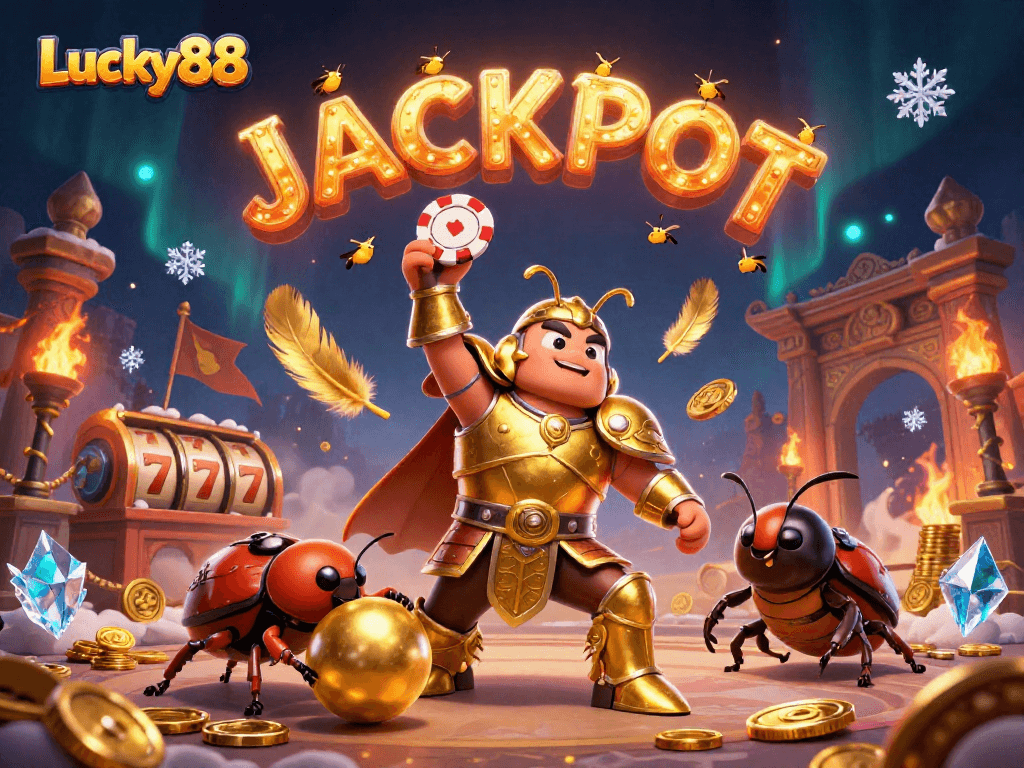 Experience the excitement of Lucky88 at a vibrant casino with animated characters celebrating a jackpot win