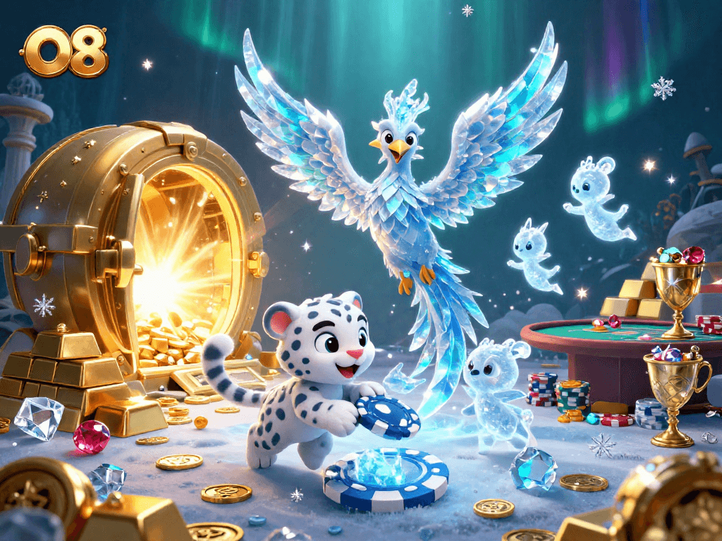 Join the fun with O8 as the ice phoenix and snow leopard uncover treasures in a vibrant casino scene.