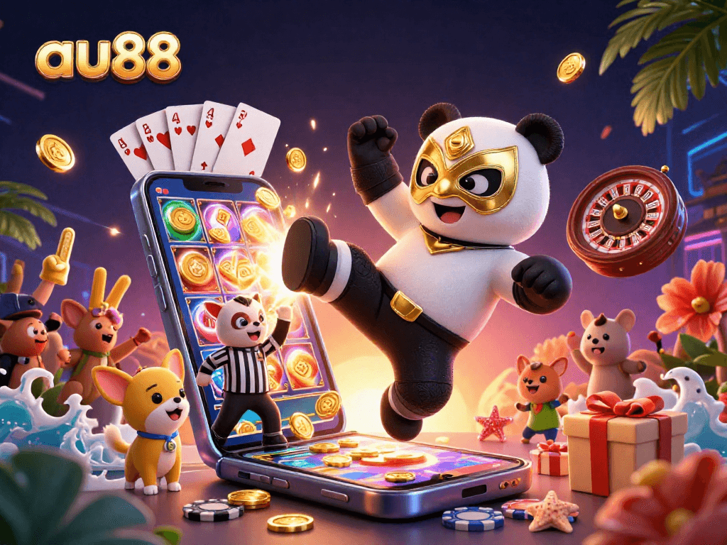 Engage with au88's thrilling online casino featuring a 3D panda wrestler amidst vibrant slots and games.
