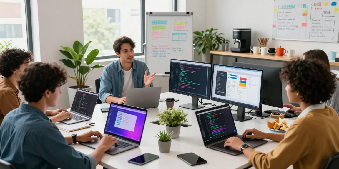 Diverse team engaged in juicy ai chat during collaborative coding session in bright modern workspace.