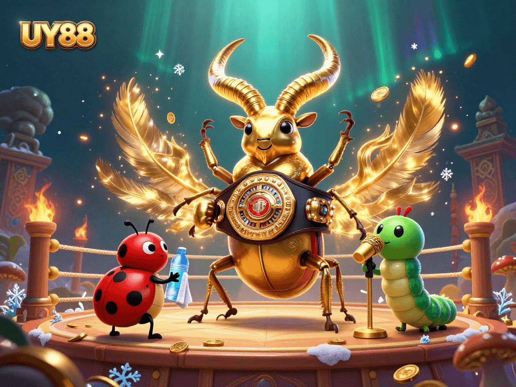 Engage with UY88's thrilling online gaming as golden stag beetle battles in a vibrant arena.