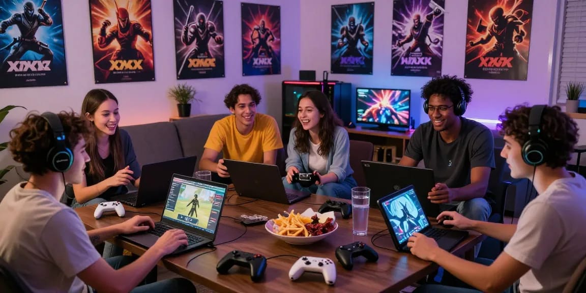 Players enjoying xxx games together in a cozy living room with a vibrant atmosphere.
