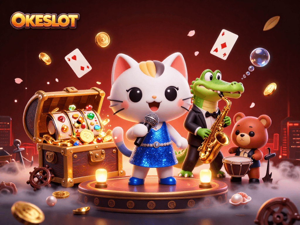Mainkan slot online dengan OKESLOT dalam ilustrasi kasino penuh warna dan detail.