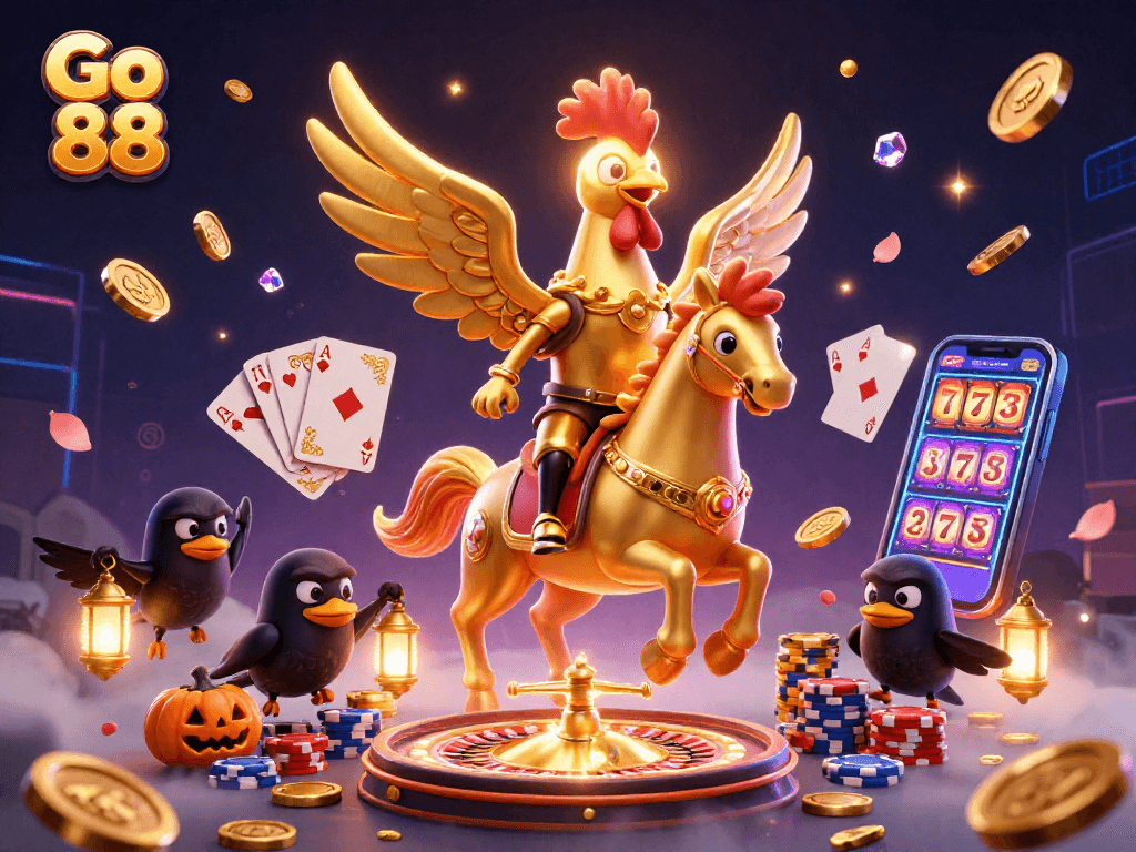 Engage with the thrilling Go 88 casino experience, featuring a golden rooster and luminous gems.