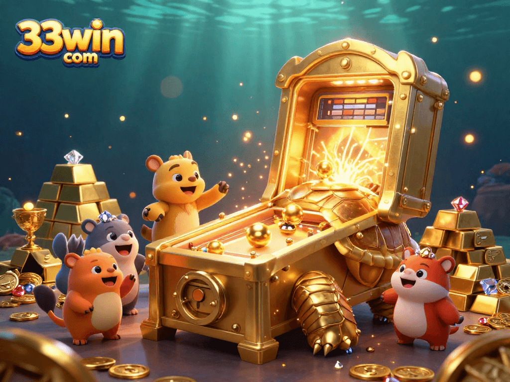 Experience the excitement of 33win com with a dazzling 3D casino scene featuring a playful tortoise and treasure.