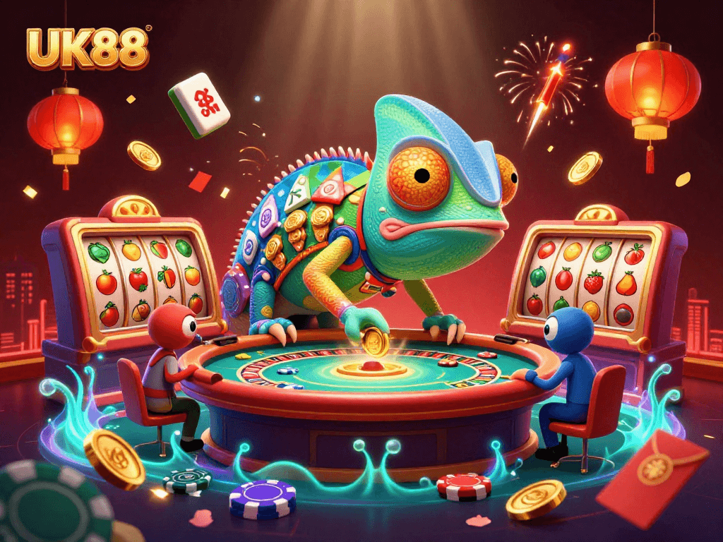 UK88 chameleon casino owner dynamically oversees a rich 3D gambling scene.