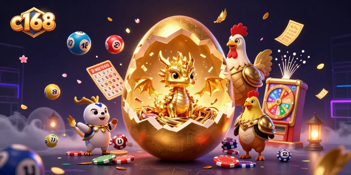 C168 delivers a vibrant casino experience with a golden baby dragon surrounded by colorful lottery elements.