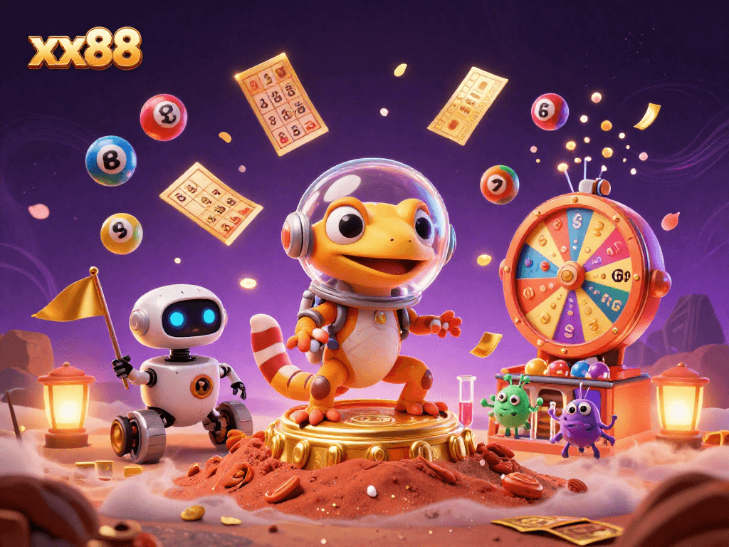 Experience exciting gambling adventures with xx88 in a vibrant 3D Mars casino scene.