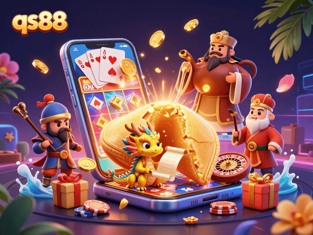 Engage with the thrilling qs88 casino scene featuring a golden fortune cookie and dynamic gambling elements.