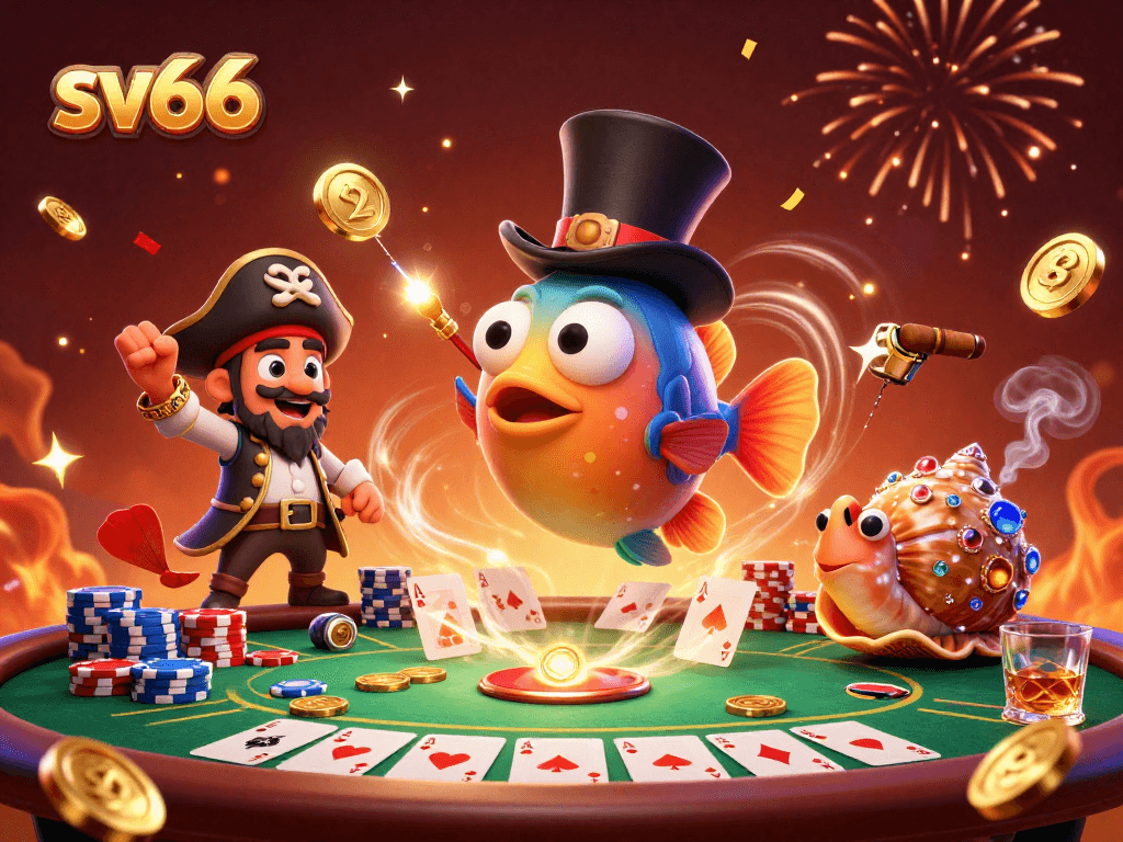 Experience thrilling gameplay at sv66 with lucky anglerfish and treasure-seeking characters at a poker table.