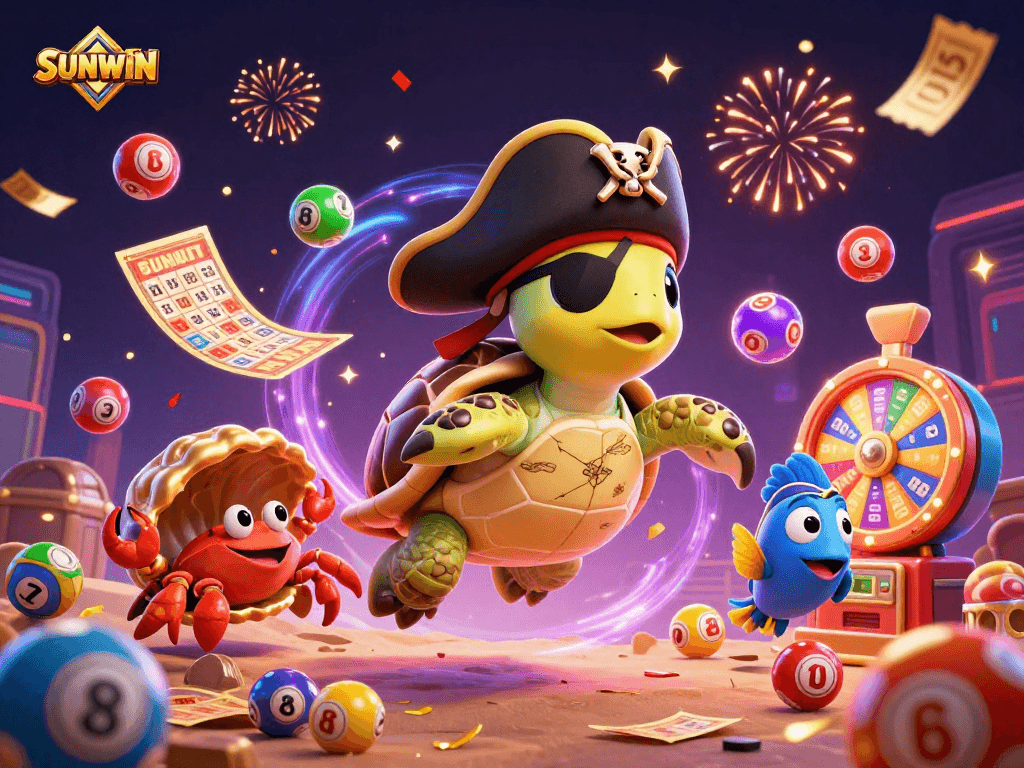 SUNWIN offers vibrant gambling fun with colorful lottery balls, a pirate turtle, and treasure in a casino scene