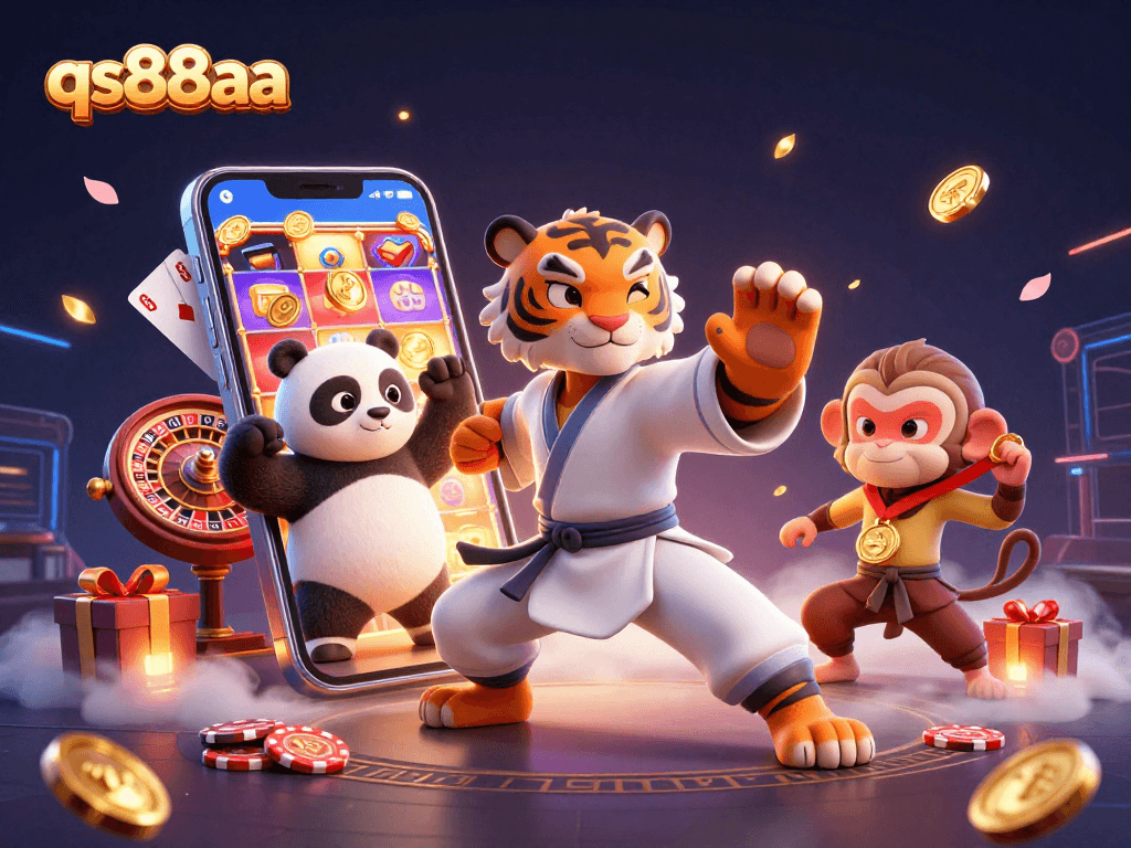 Engage with qs88aa's exciting casino games featuring a kung fu tiger, panda, and monkey amidst vibrant gaming elements.