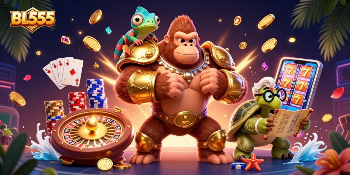 Join the excitement with BL555 as the gorilla king, chameleon spy, and tortoise elder explore vibrant casino rewards.