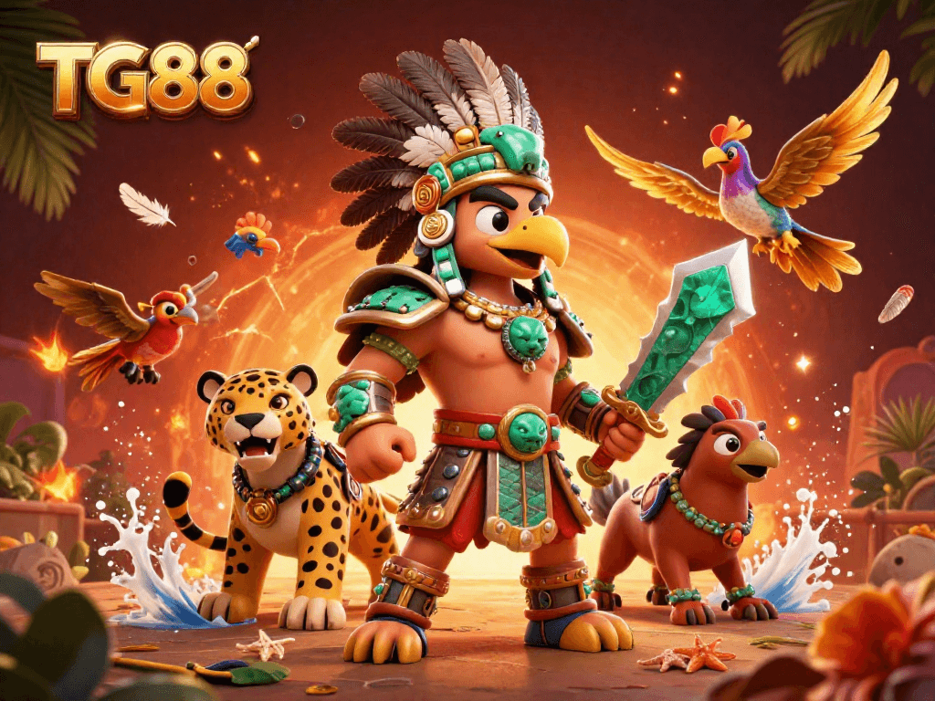Engage in thrilling cockfighting at TG88 with warriors, feathers, and vibrant casino elements in action.