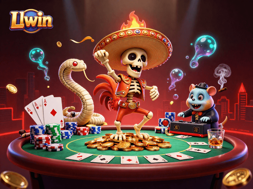 Experience Llwin in a lively casino scene with vibrant characters dancing on gold coins amidst poker elements.