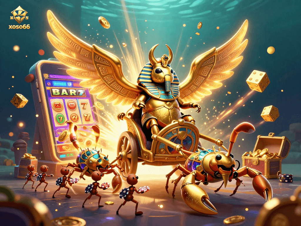 Experience thrilling wins at xoso66 with a stunning scene featuring a golden scarab beetle and slot machine.