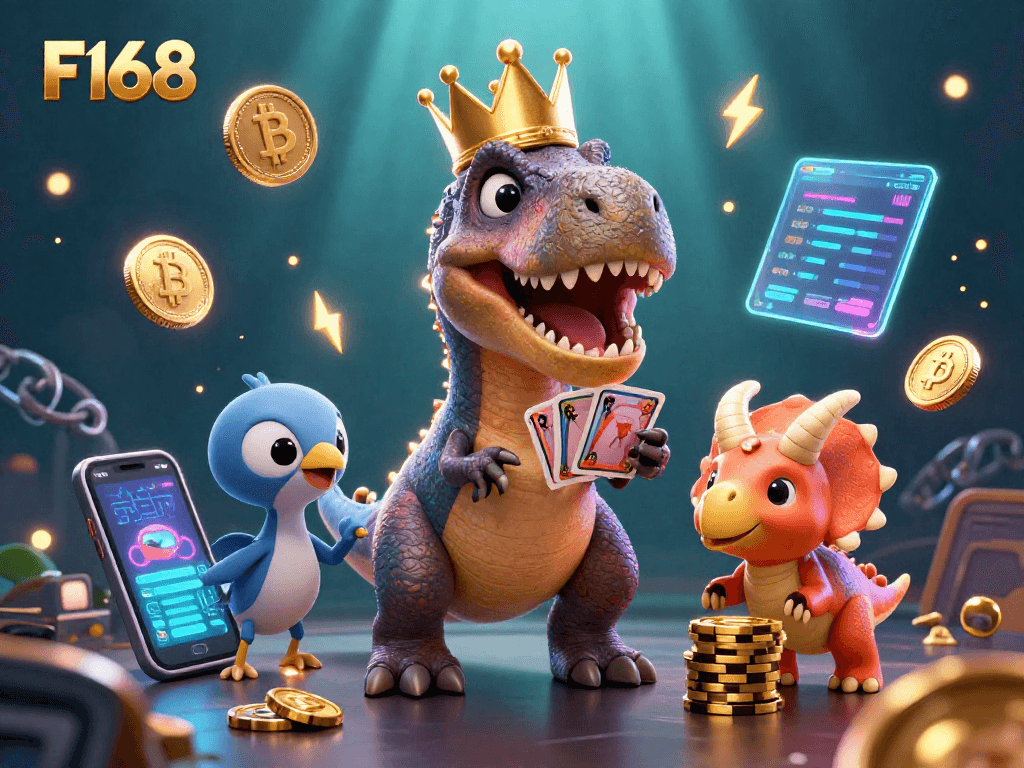 Join F168 as a friendly T-Rex and Triceratops celebrate winning strategies under neon lights in this vibrant casino scene.