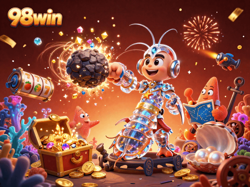 Engage with the energetic world of 98win through a vibrant 3D casino-themed scene.