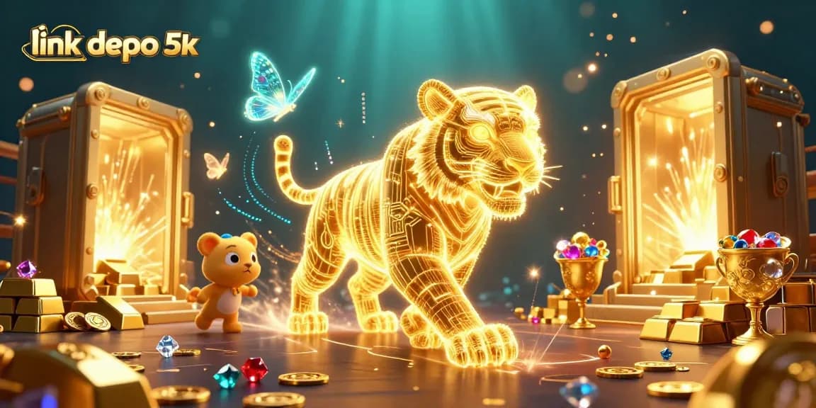 Experience the thrill of the link depo 5k with a dynamic 3D digital casino scene featuring a golden tiger.