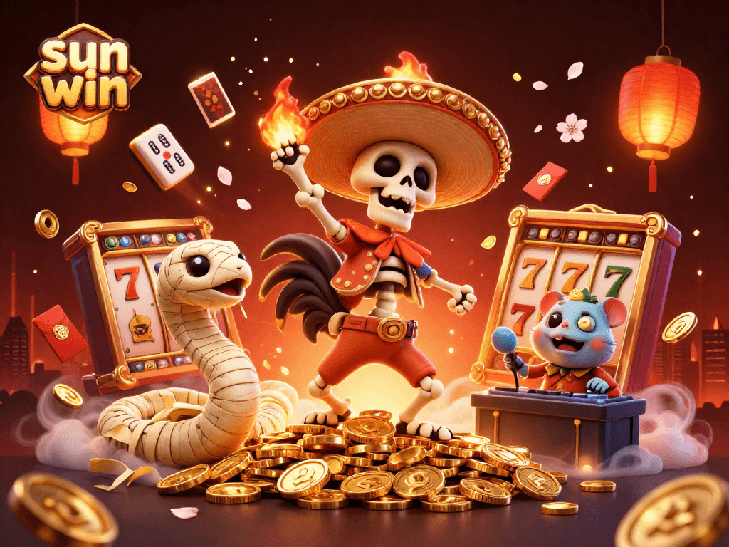 Join the sun win celebration with a skeleton mariachi rooster and vibrant games glowing in a casino atmosphere.