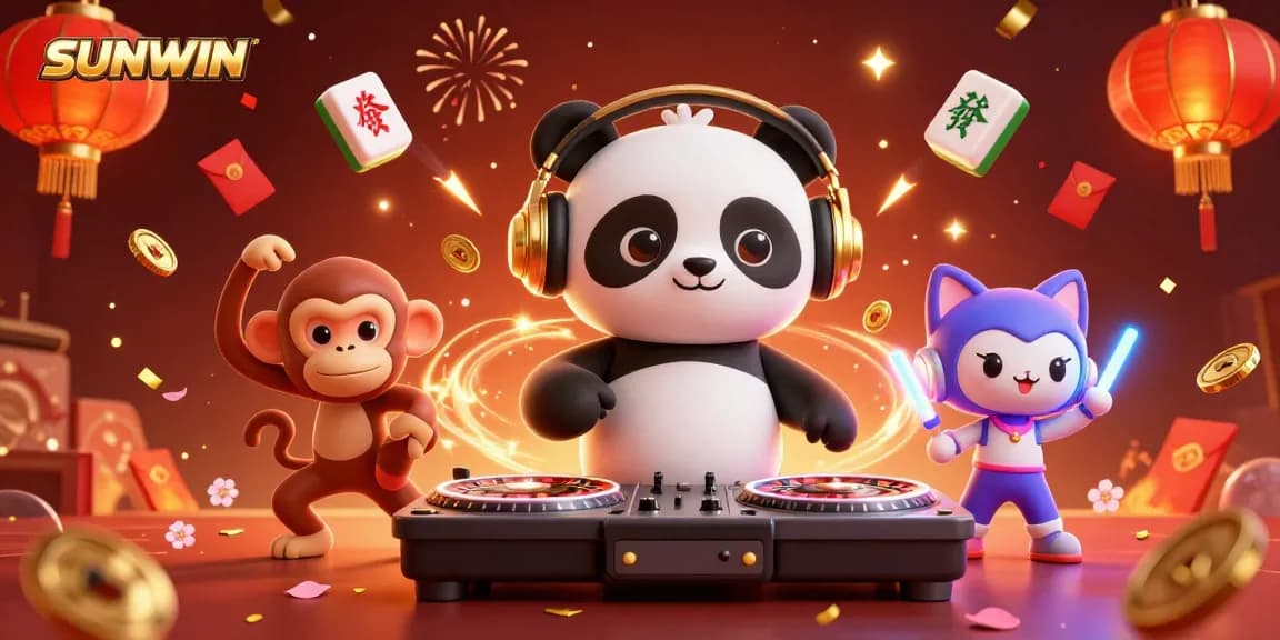 SUNWIN brings excitement with a DJ panda and dancing characters in a vibrant casino scene.
