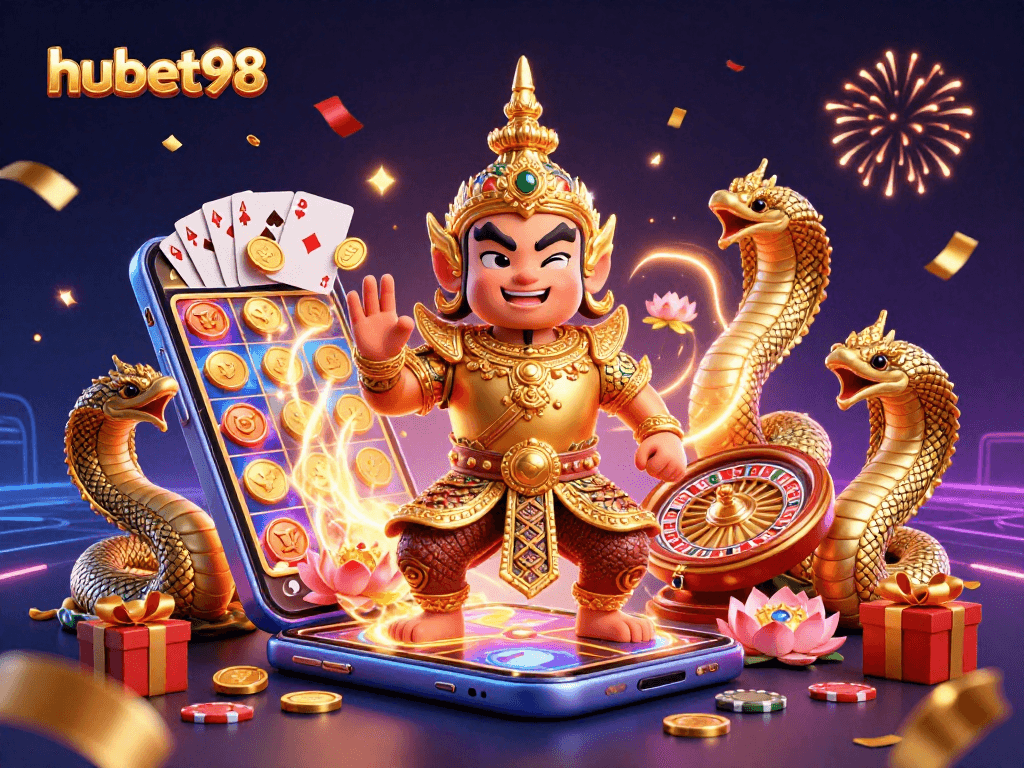 Experience thrilling gameplay with hubet98 as the mythic guardian and Naga unite in a vibrant casino scene.