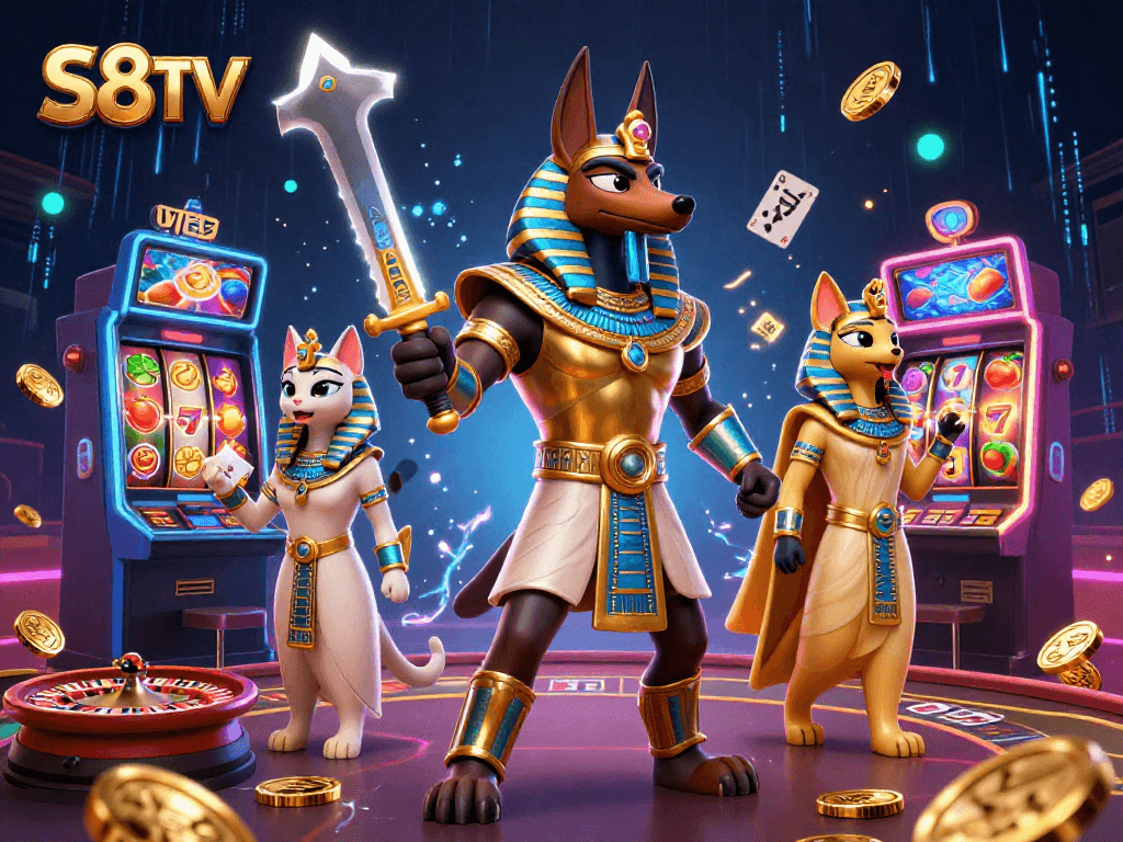 Experience the thrills of S8TV with dynamic gaming scenes featuring ancient warriors and exciting casino elements.