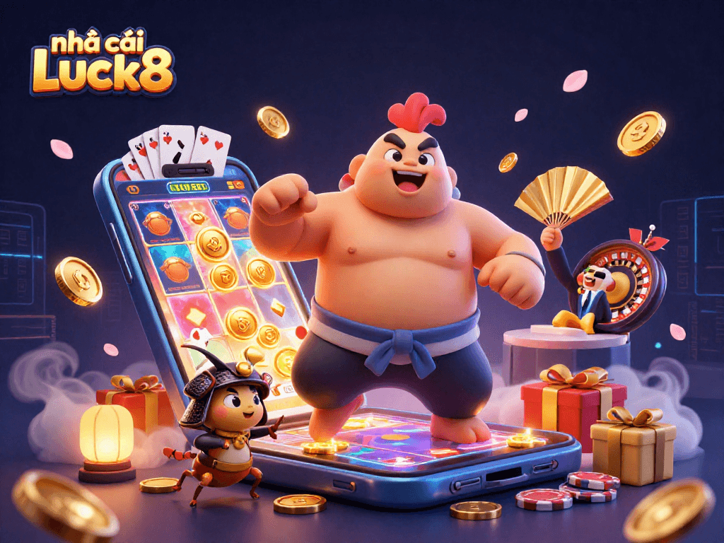 Experience excitement at nhà cái Luck8 with a powerful sumo rooster amidst a vibrant casino scene.