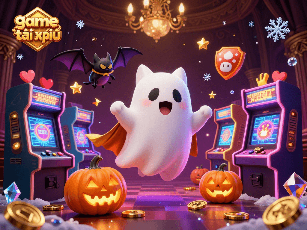 Players engaging with the game tài xỉu in an atmospheric, haunted casino scene featuring vibrant ghostly characters and gaming elements.