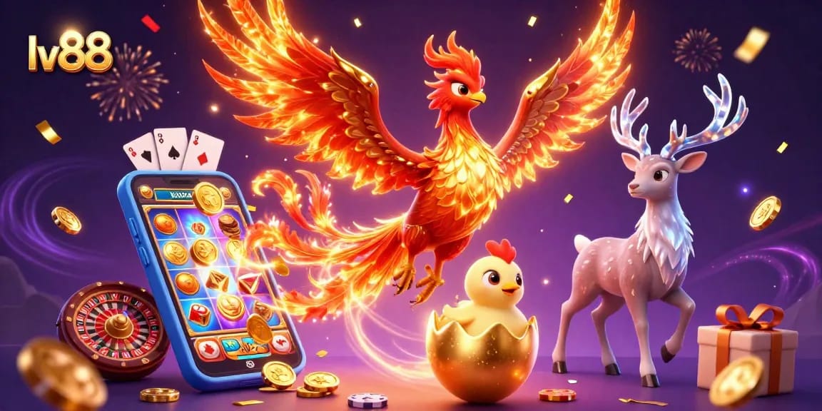 lv88 celebrates with a dynamic 3D illustration of a phoenix, games, and vibrant casino elements.