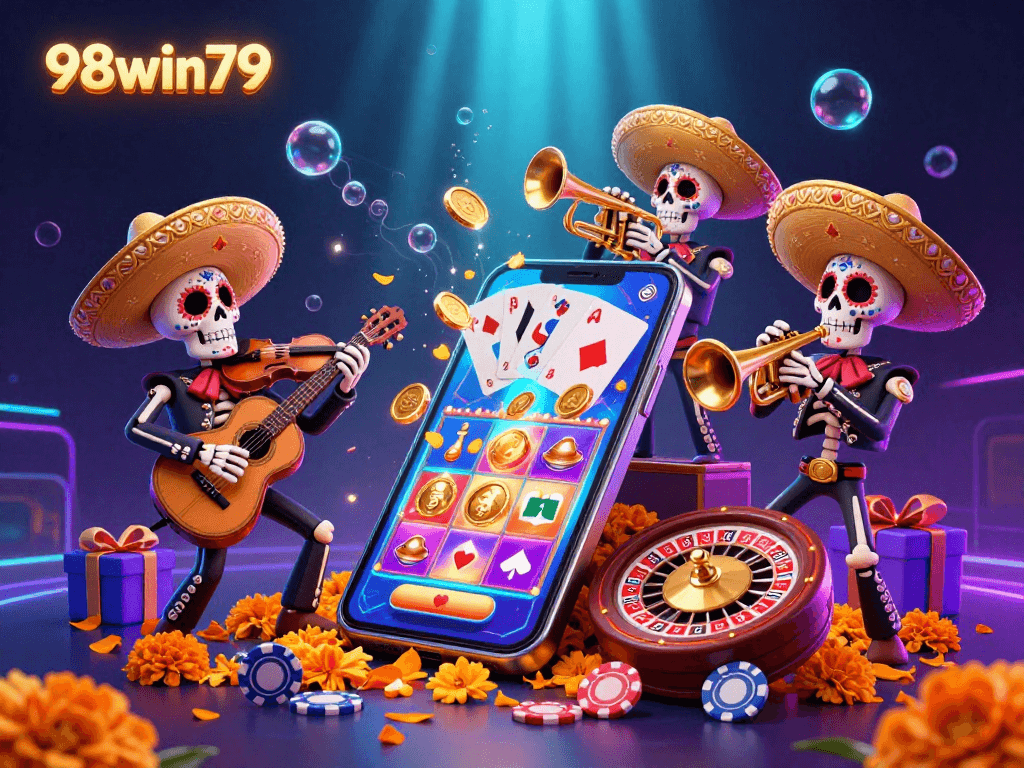 Engage with thrilling games featuring 98win79, a vibrant Day of the Dead casino scene with slot action.