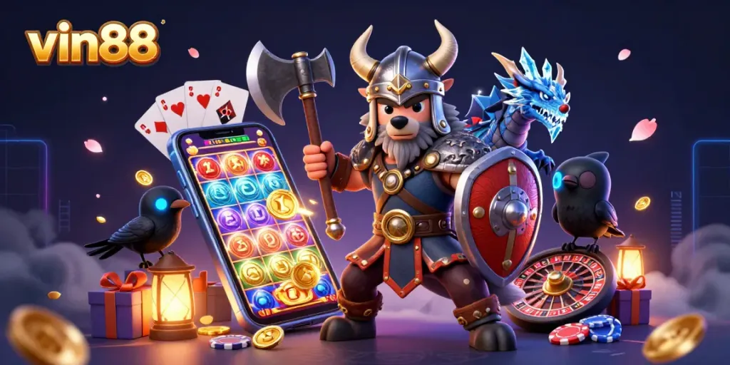 vin88 showcases an epic casino adventure with a Viking wolf warrior, fierce dragon, and raven in a vibrant 3D scene.