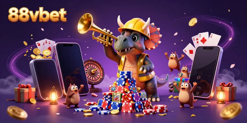 Engage in thrilling gaming activities with 88vbet amidst colorful slot games and vibrant casino elements.