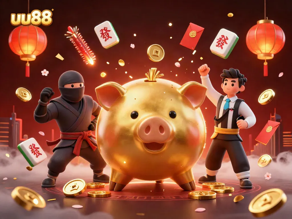 Engage in exciting casino games with uu88's vibrant 3D illustration showcasing dynamic characters and festive elements.
