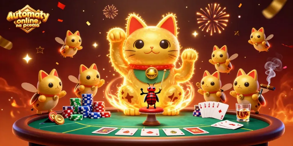 Experience automaty online na pieniądze with vibrant casino symbols and a golden lucky cat in a festive atmosphere.