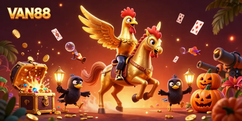 Experience the thrill of winning at VAN88 with a dynamic 3D illustration of golden rooster in a casino.