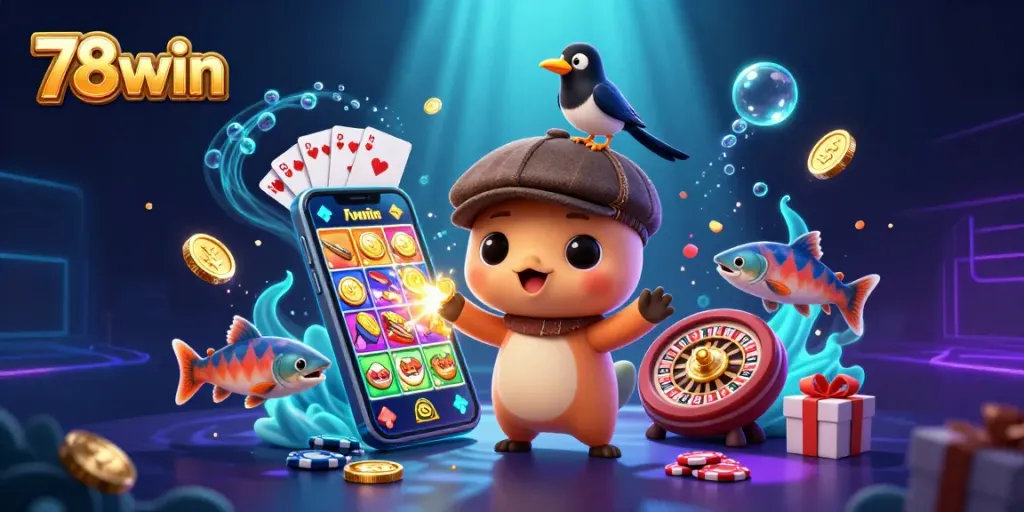Experience the thrill of gaming at 78win with vibrant 3D characters and casino elements.